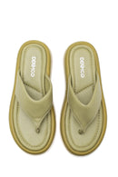 Women's Green Leather Flip Flops Comfort Slippers | Derimod