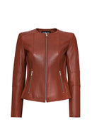Irina Women's Tan Mandarin Collar Leather Jacket | Derimod