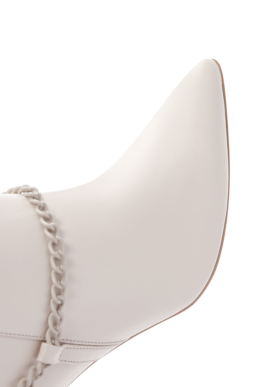 Women's Beige Leather Zippered Chain Heeled Classic Boots