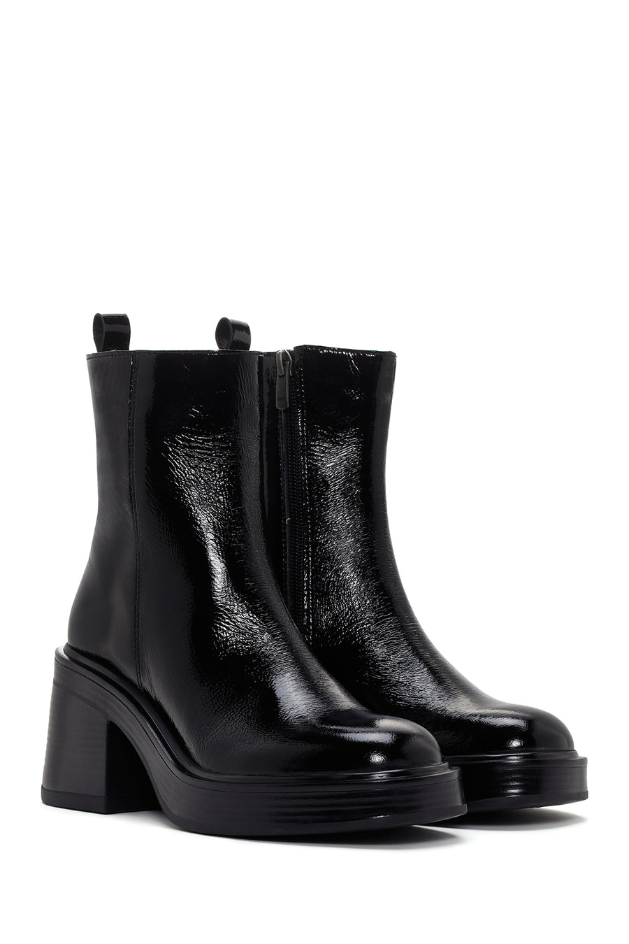 Women's Black Patent Leather Zippered Casual Heeled Boots