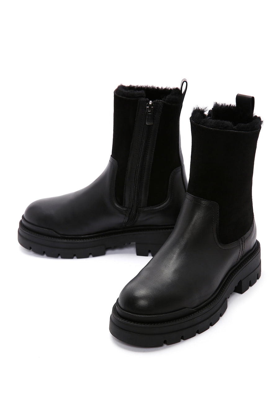 Women's Black Leather Chelsea Boots with Fur Inside