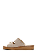Women's Beige Buckle Suede Leather Comfort Slippers | Derimod