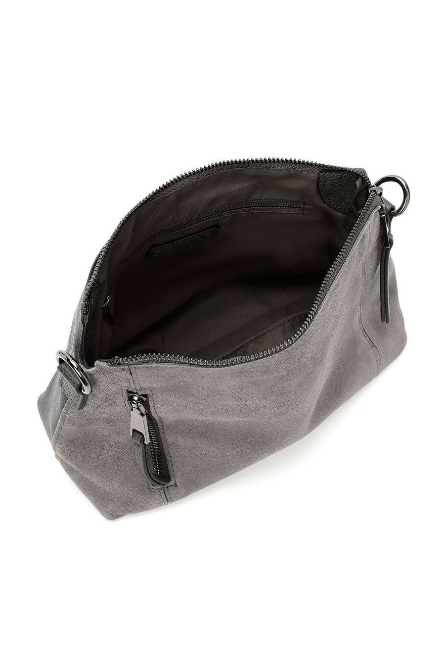Woman Gray Long-Strap Suede Crossbody Bag