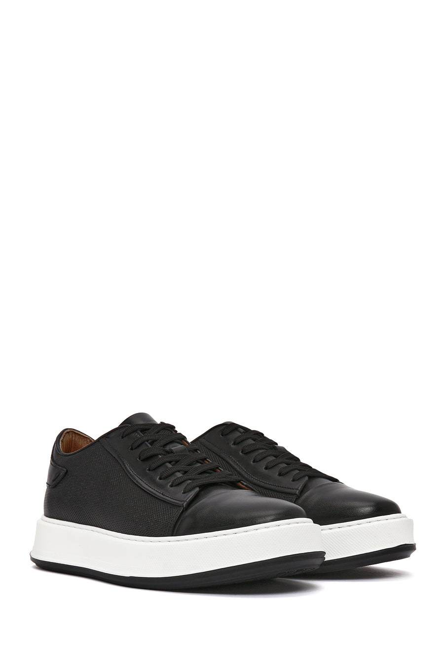 Men's Black Lace-up Thick-Sole Leather Sneaker