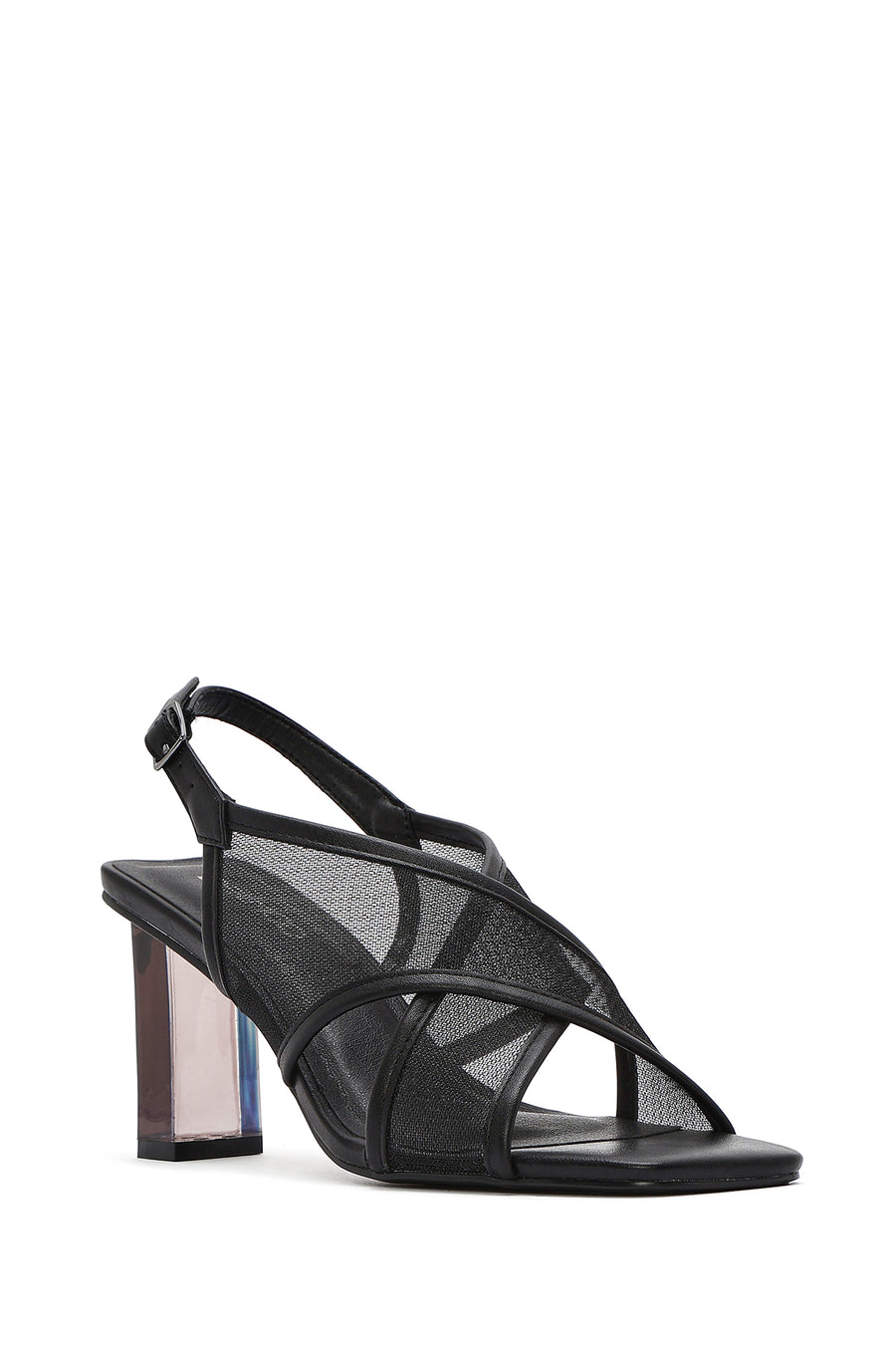 Women's Black Fabric Sandals with Thick Heels and Ankle Buckle