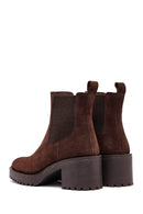 Woman Brown Chunky Heel Suede Leather Chelsea Boots | Derimod