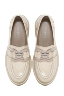 Women's Beige Leather Patent Leather Masculine Loafer | Derimod