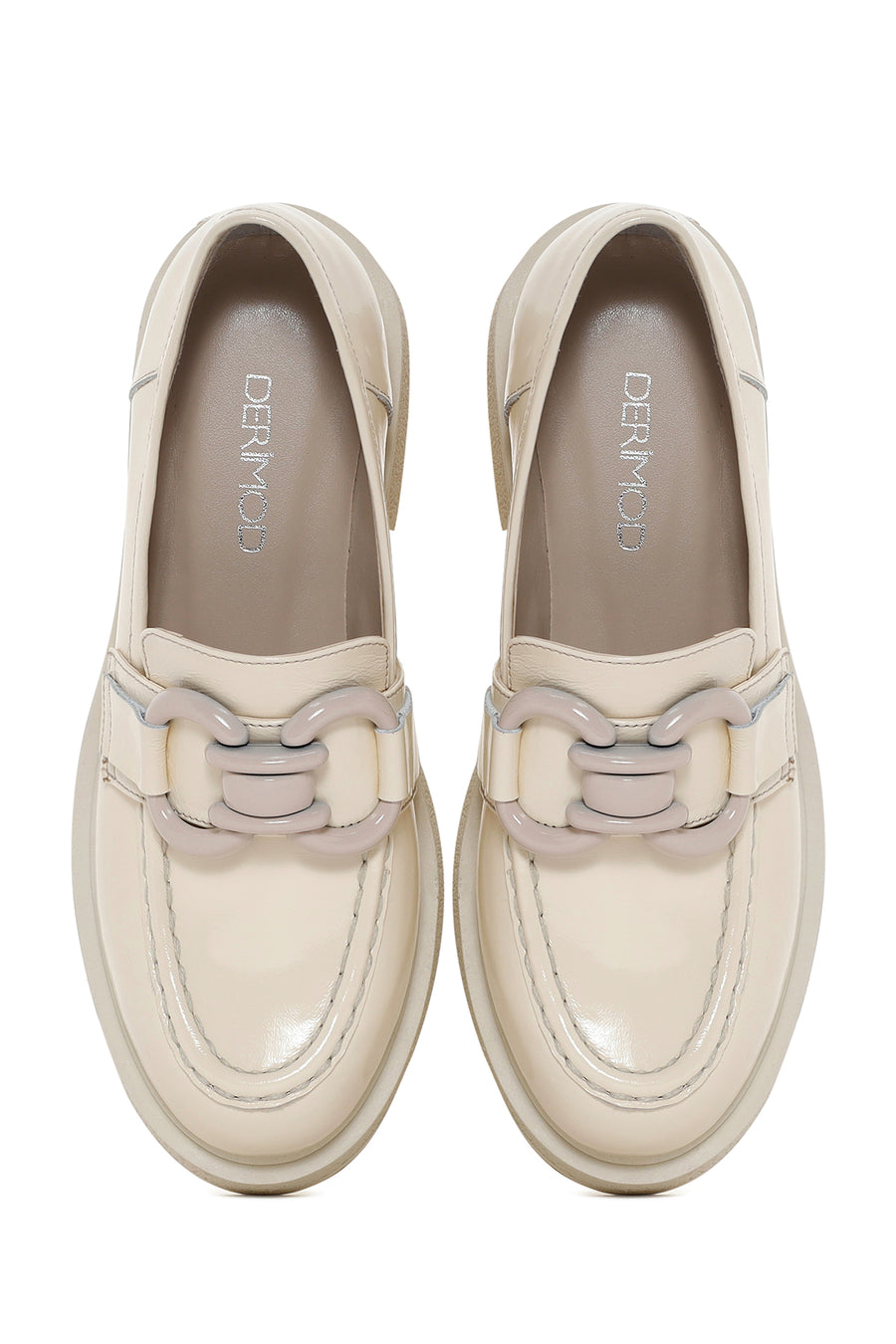 Women's Beige Leather Patent Leather Masculine Loafer