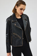 Oxford Women's Black Biker Leather Jacket | Derimod