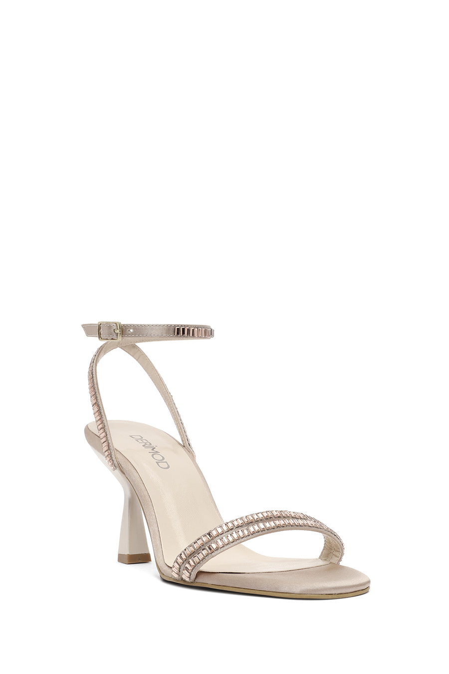 Women's Beige Ankle Buckle Stoned Thin Heel Sandals
