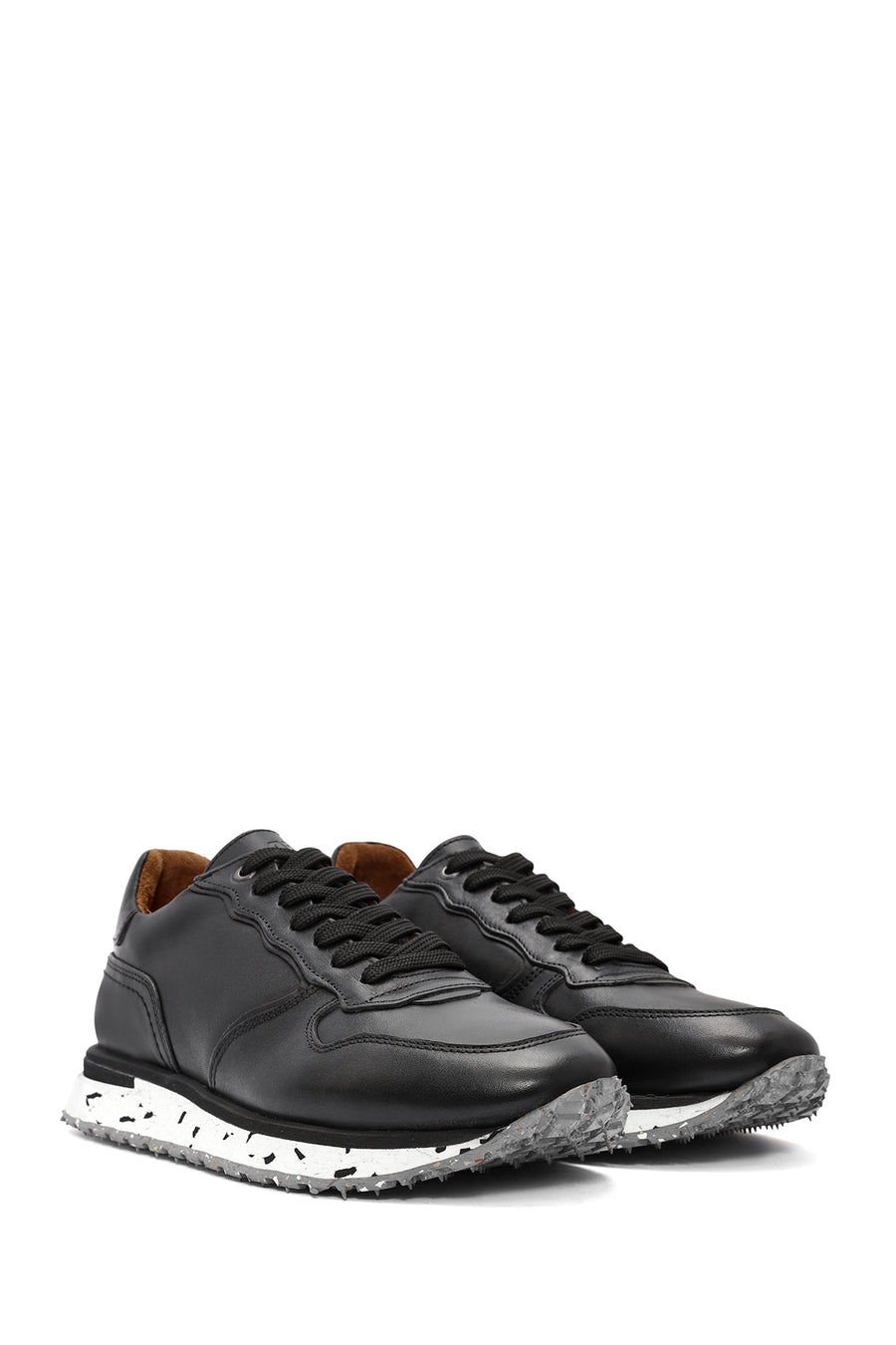 Erkek Siyah Bağcıklı Deri Casual Sneaker