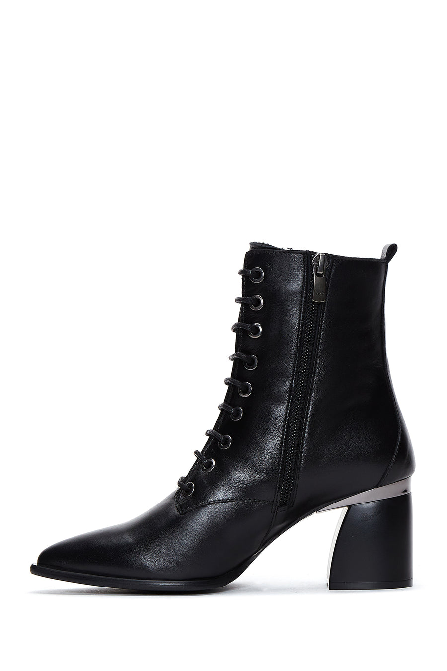 Women's Black Zippered Thick Heeled Leather Boots
