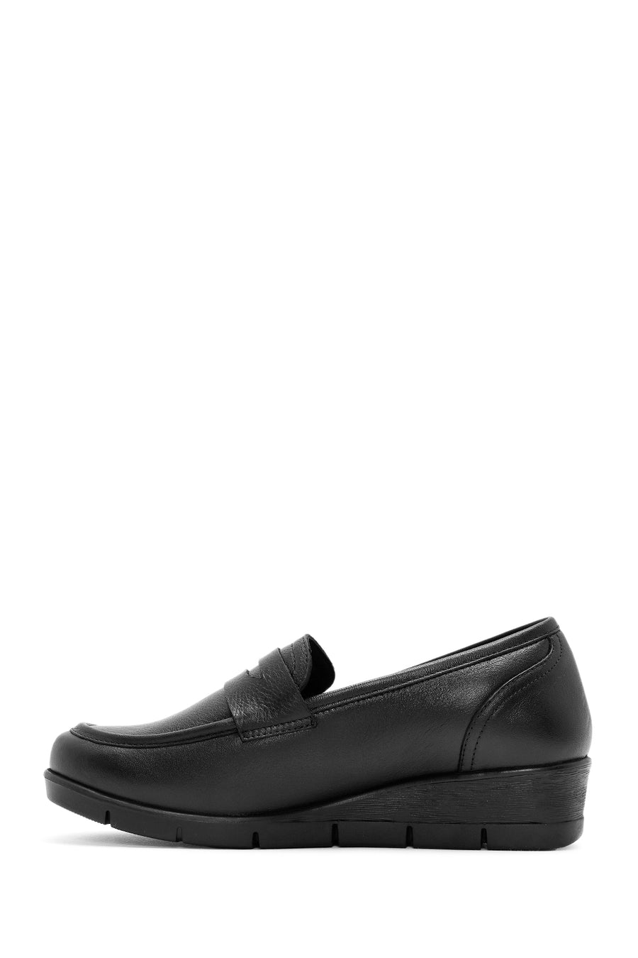Women's Black Wedge Heel Leather Comfort Loafer