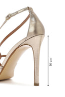 Women's Gold Ankle Buckle Thin Heel Metallic Leather Sandals | Derimod