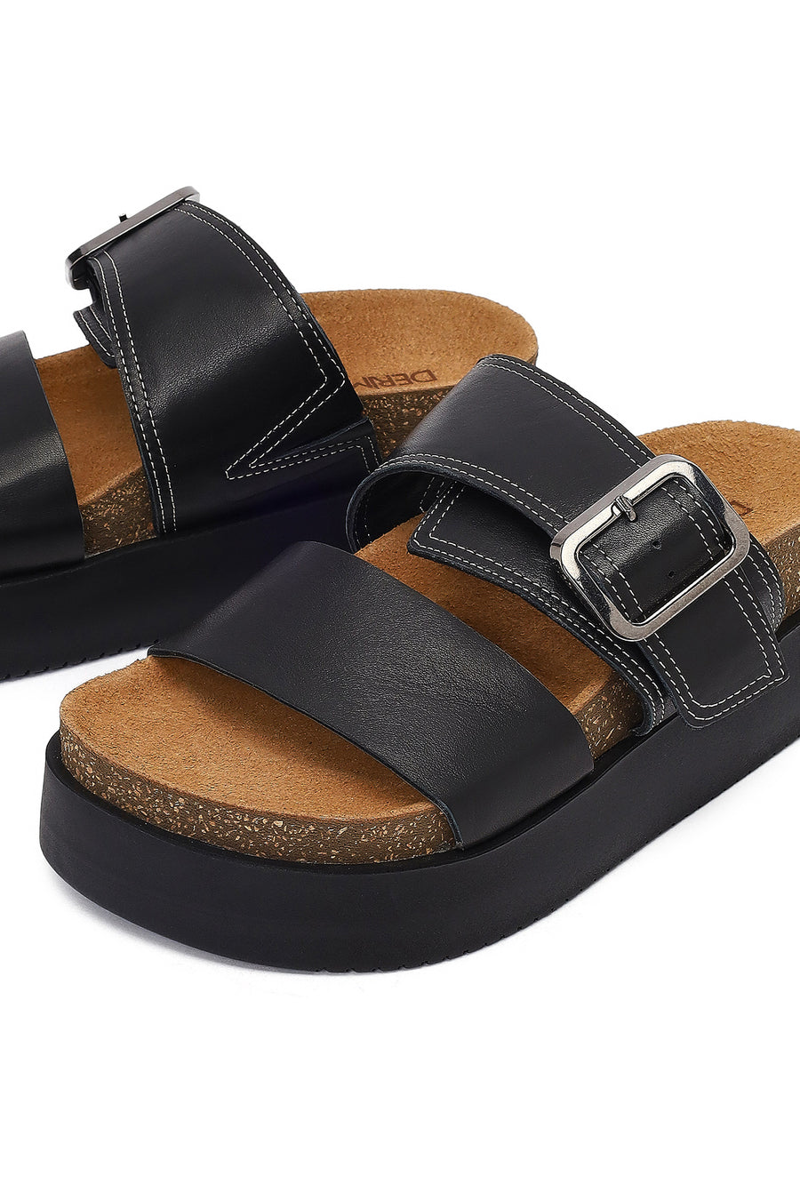 Women's Black Buckled Thick-Soled Leather Slippers