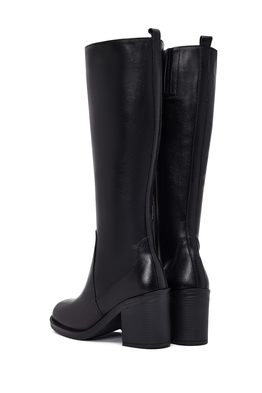 Woman Black Zip Closure Chunky Heeled Leather Boots