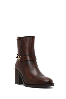 Women's Brown Buckle Chunky Heel Leather Boots | Derimod