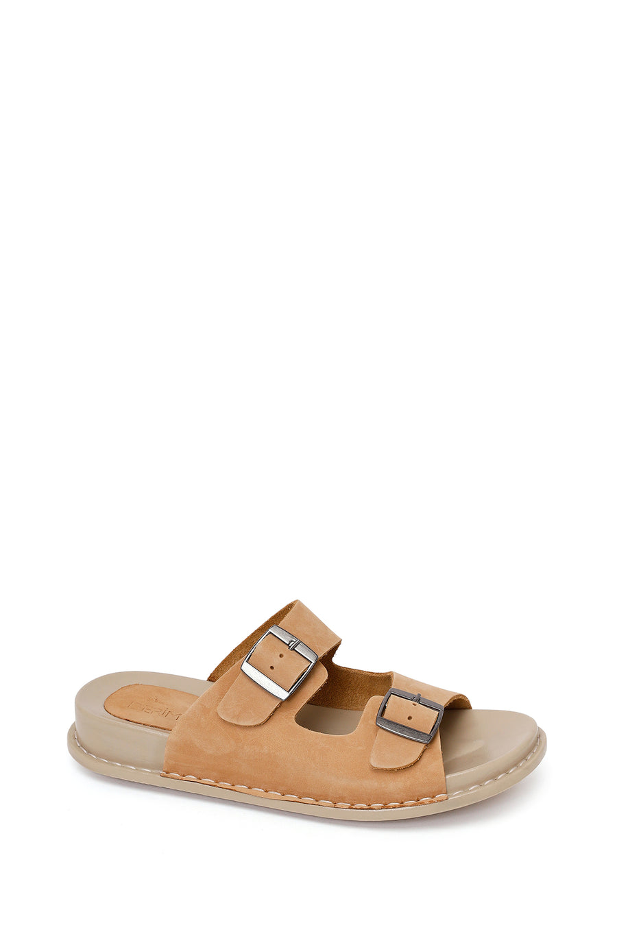 Woman Beige Double-Buckle Leather Comfort Slipper