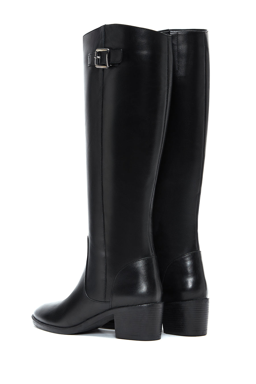 Women's Black Zippered Buckle Detailed Thick Heeled Leather Boots