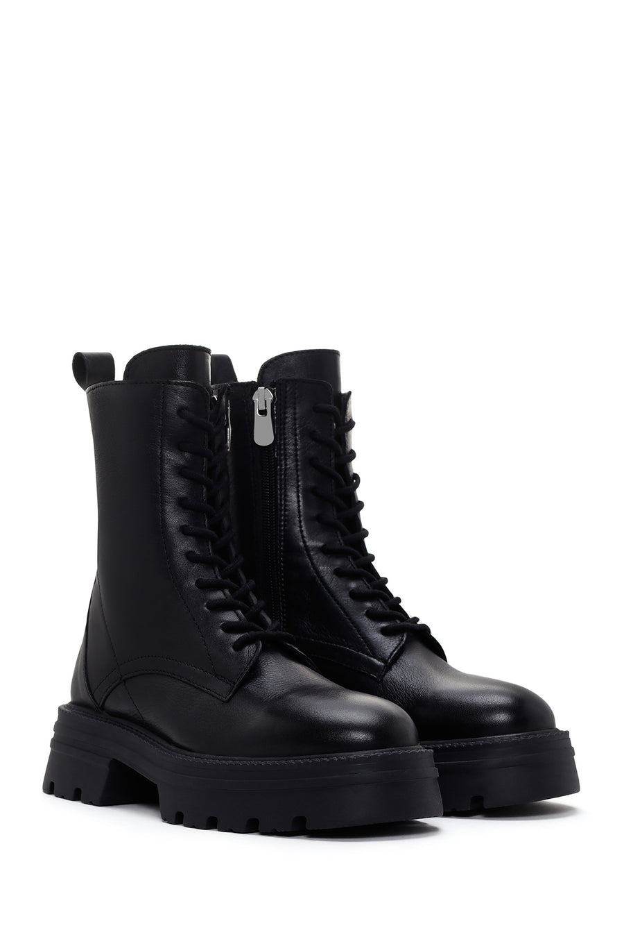 Woman Black Zippered Thick Sole Leather Postal Boots