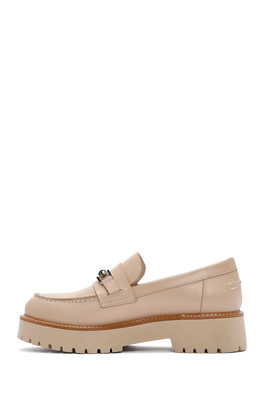 Women's Beige Thick Soled Leather Masculine Loafer