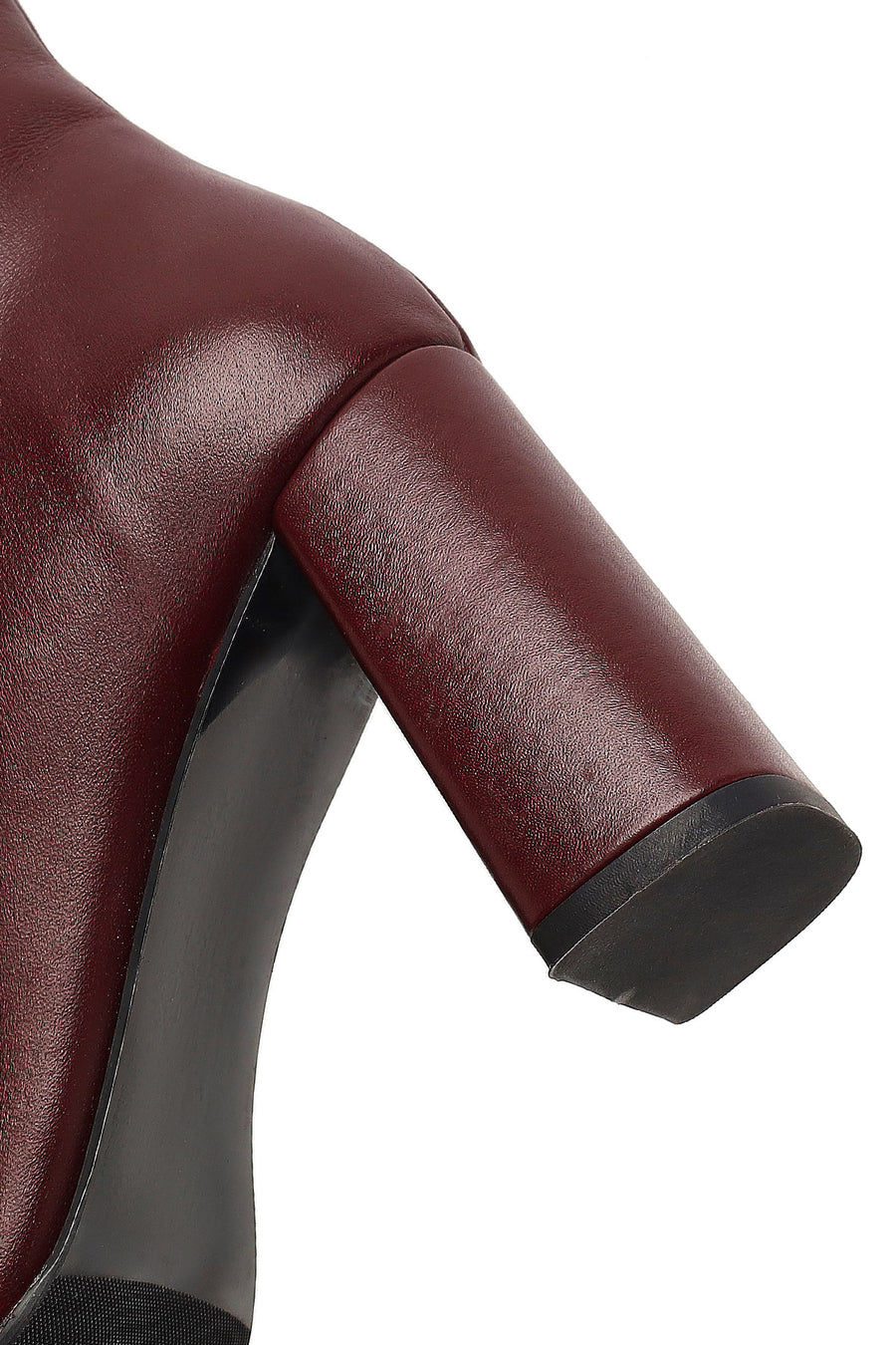 Women's Burgundy Zippered Thick High Heel Leather Boot