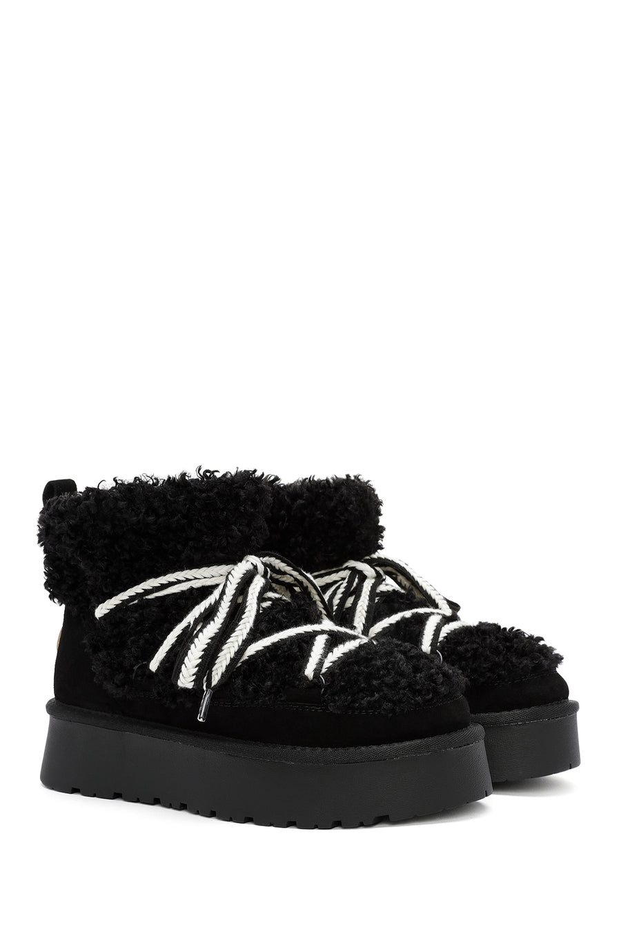 Women's Black Thick-Soled Fur-Lined Leather Boots