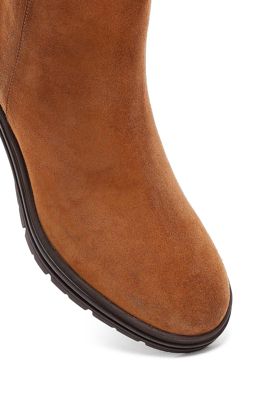 Woman Tan Zippered Chunky Heel Suede Leather Boat