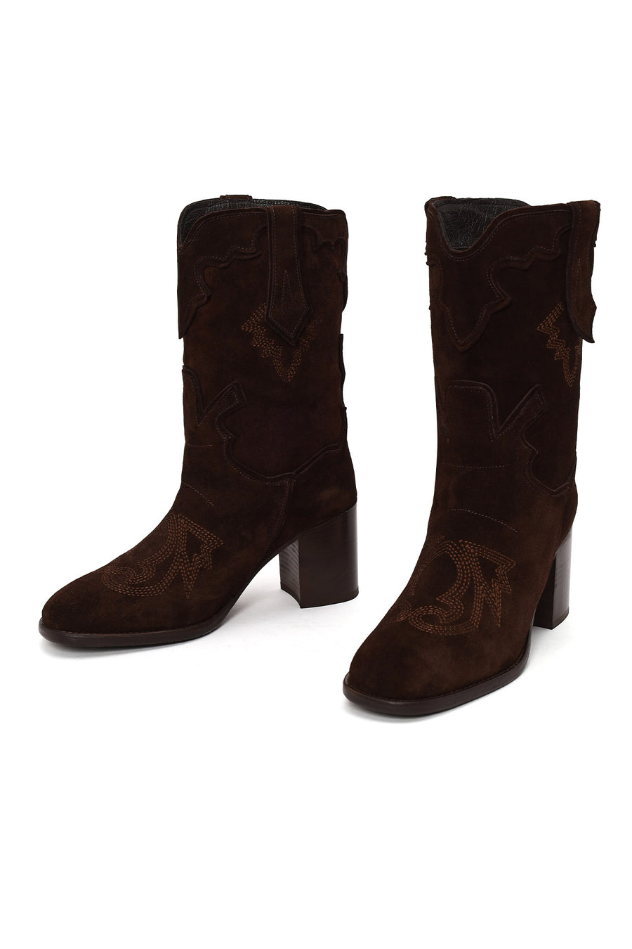 Woman Brown Thick-Heeled Patterned Suede Cowboy Boots