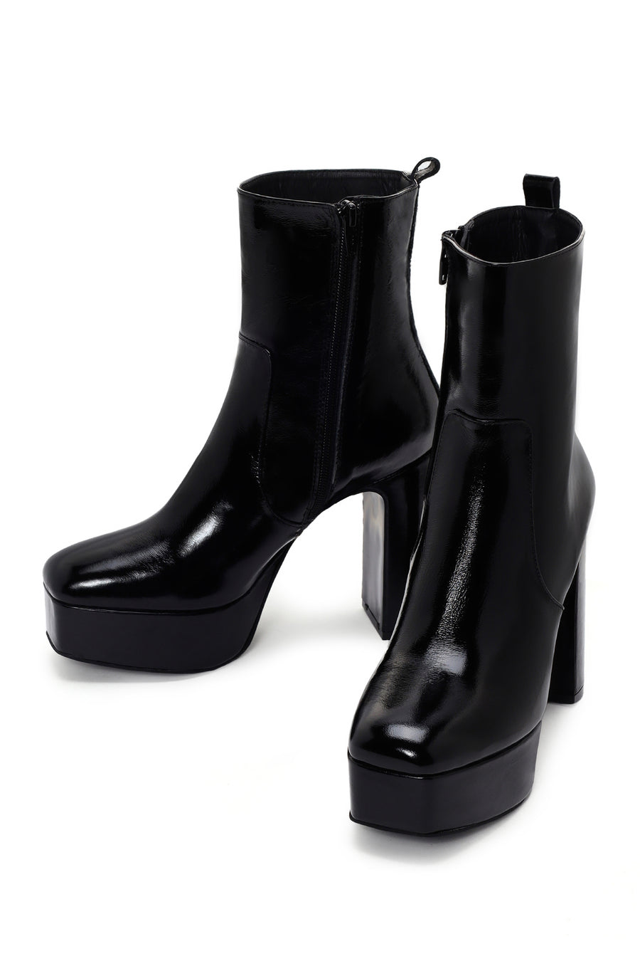 Women's Black Platform Thick Heeled Patent Leather Boots