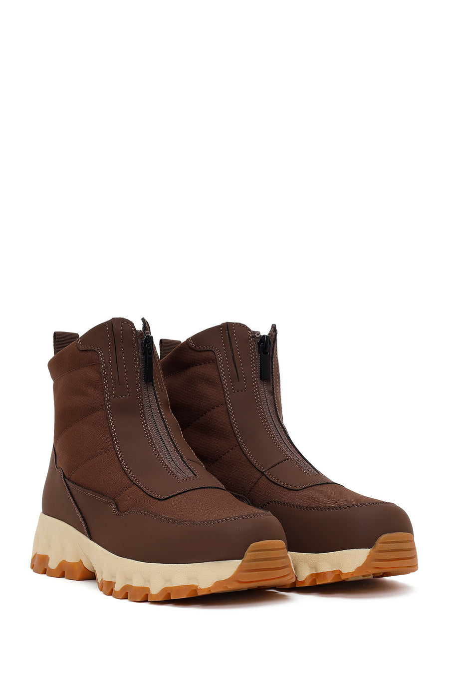 Woman Brown Zip Closure Thick-Soled Fabric Boots