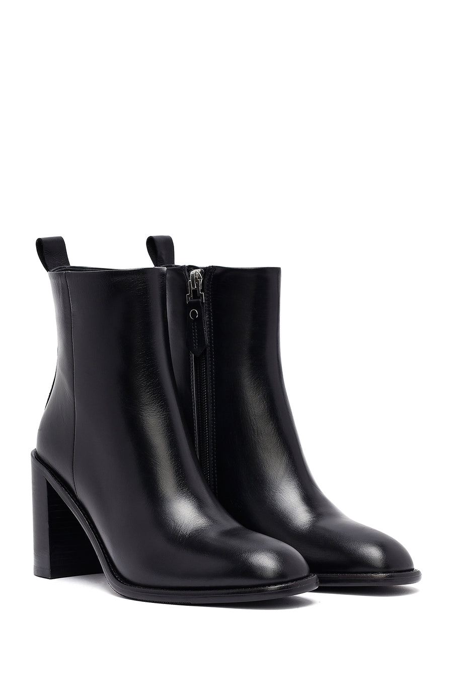 Woman Black Zippered Chunky Heels Leather Boat