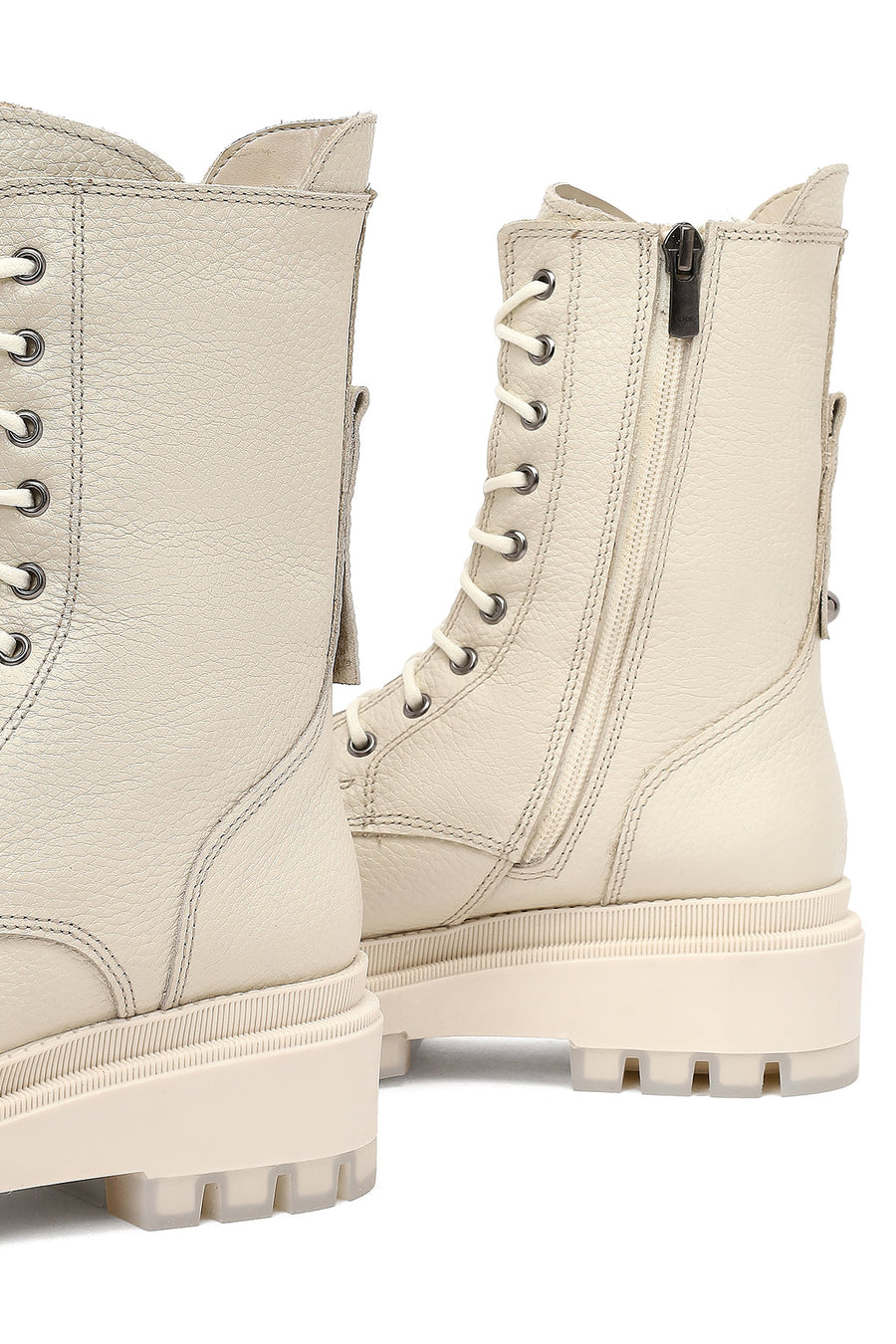 Woman Beige Zippered Thick Sole Leather Postal Boots