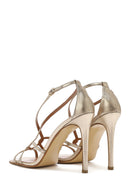 Women's Gold Ankle Buckle Thin Heel Metallic Leather Sandals | Derimod
