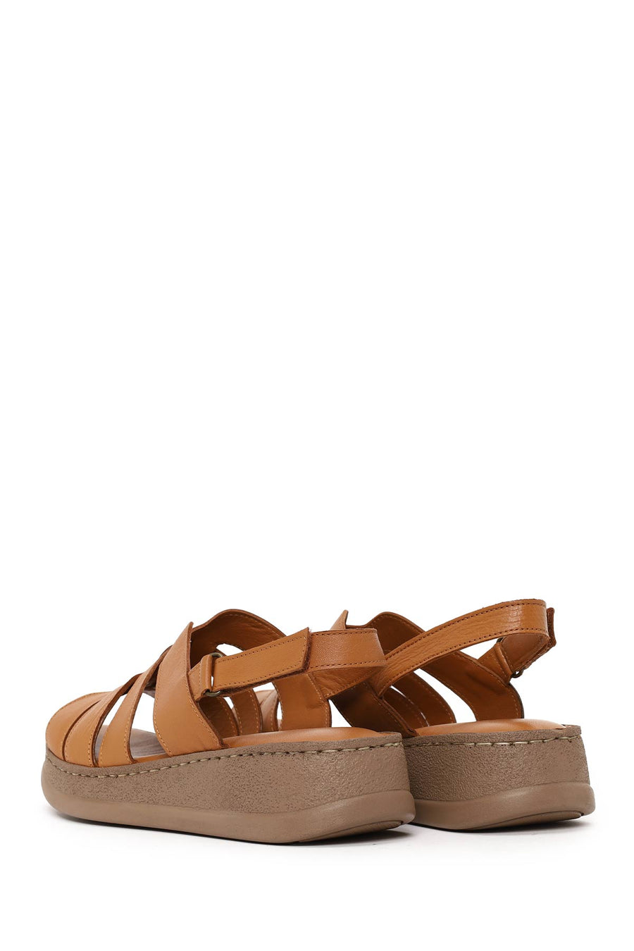 Woman Tan Strappy Thick-Soled Leather Comfort Sandal