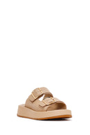 Woman Beige Double-Buckle Thick-Soled Leather Comfort Slippers | Derimod
