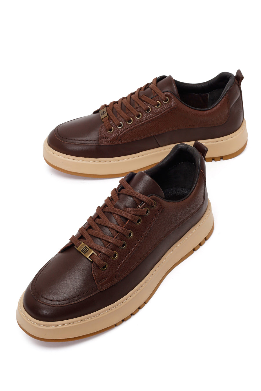Erkek Kahverengi Bağcıklı Kalın Tabanlı Deri Sneaker