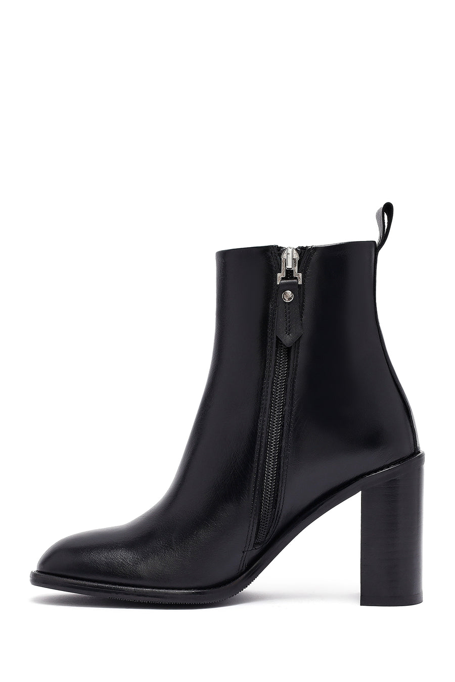 Woman Black Zippered Chunky Heels Leather Boat
