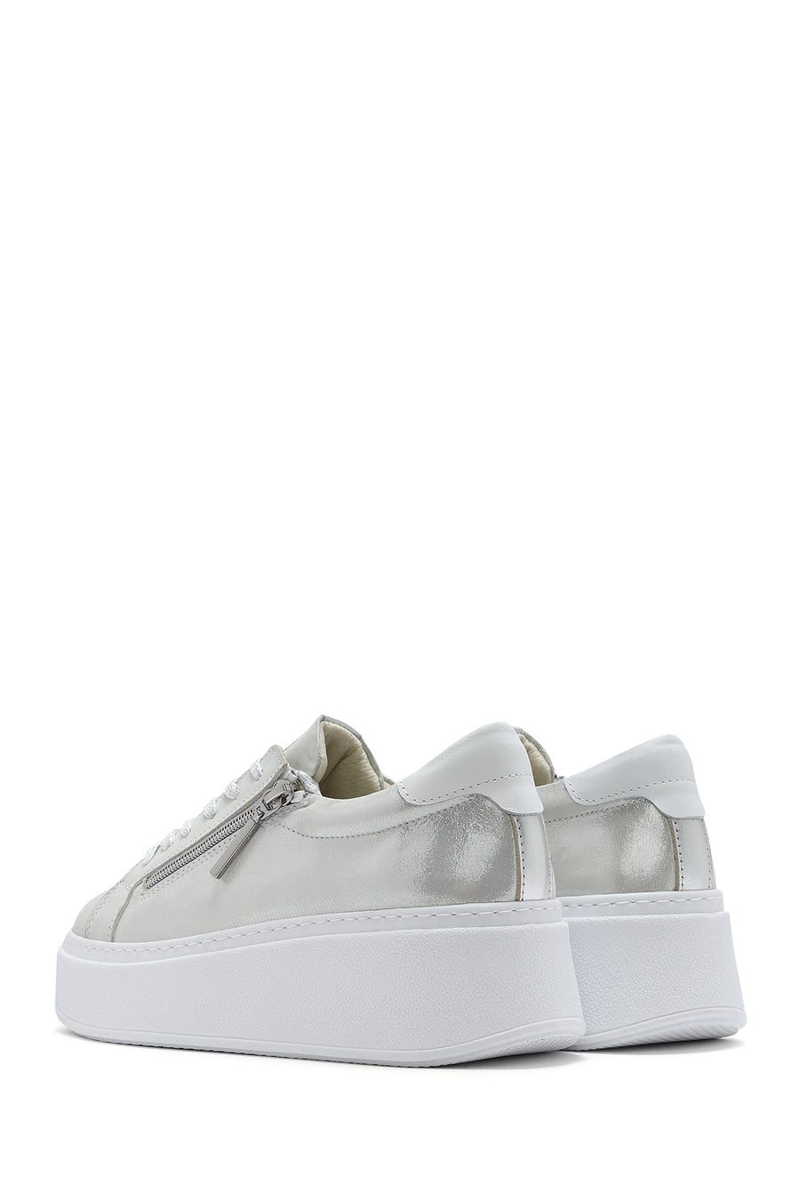 Kadın Gümüş Kalın Tabanlı Yandan Fermuarlı Deri Sneaker