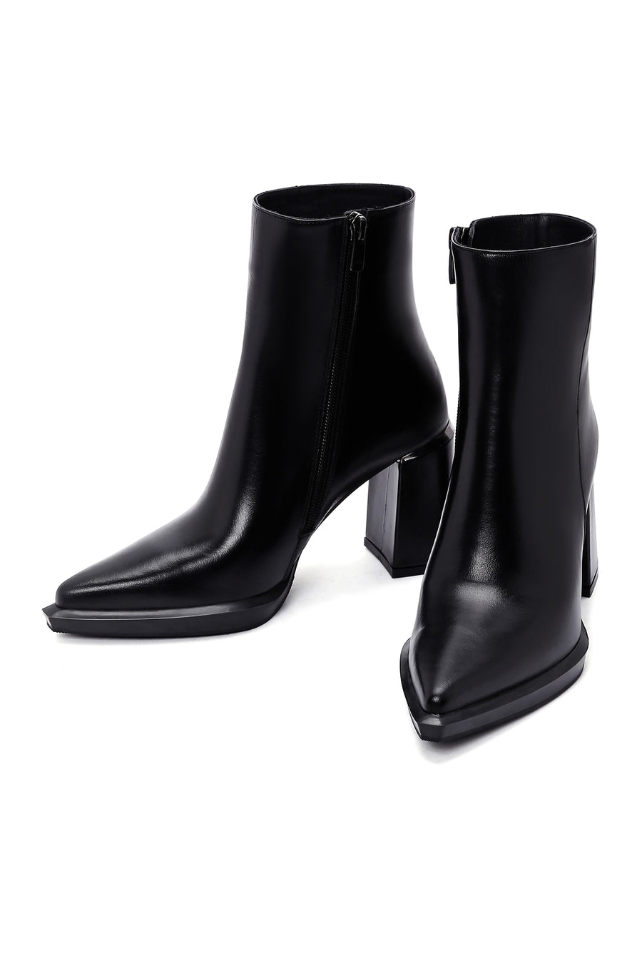 Women's Black Medium Platform Heeled Leather Zipper Boots