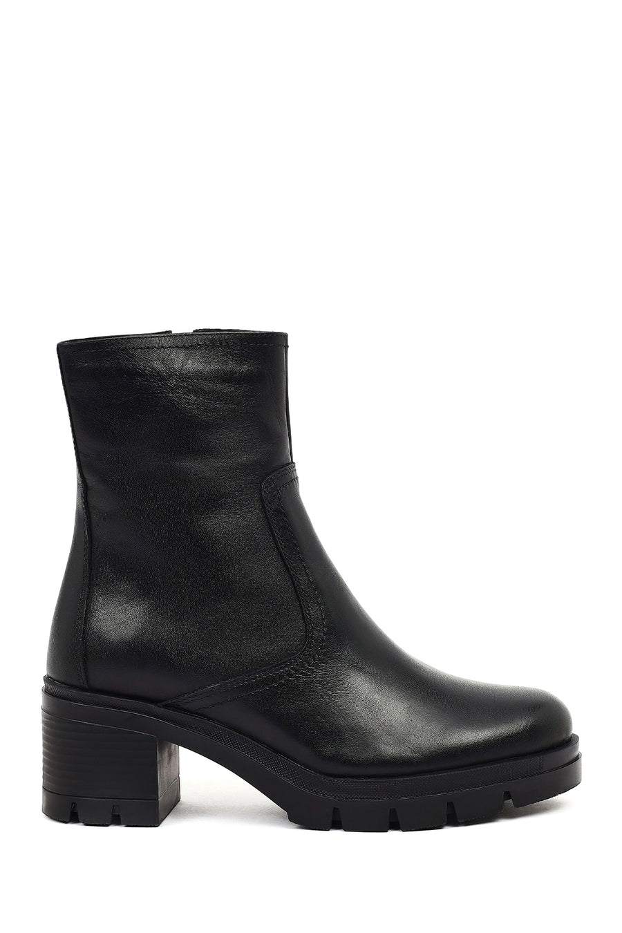 Women's Black Zippered Thick Heeled Leather Boot 25WFD414418 | Derimod