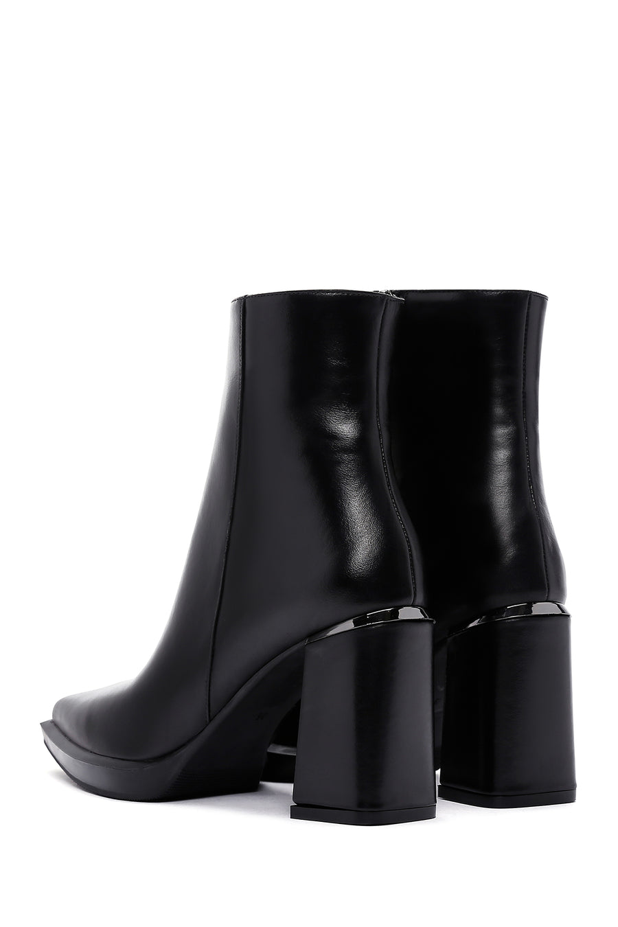 Women's Black Zippered Thick Heeled Leather Boots