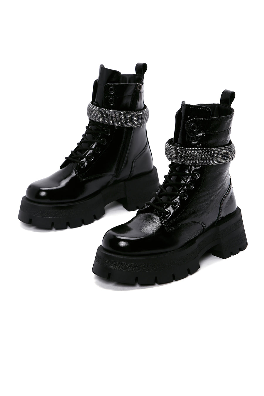 Women's Black Leather Stone Thick Soled Boots
