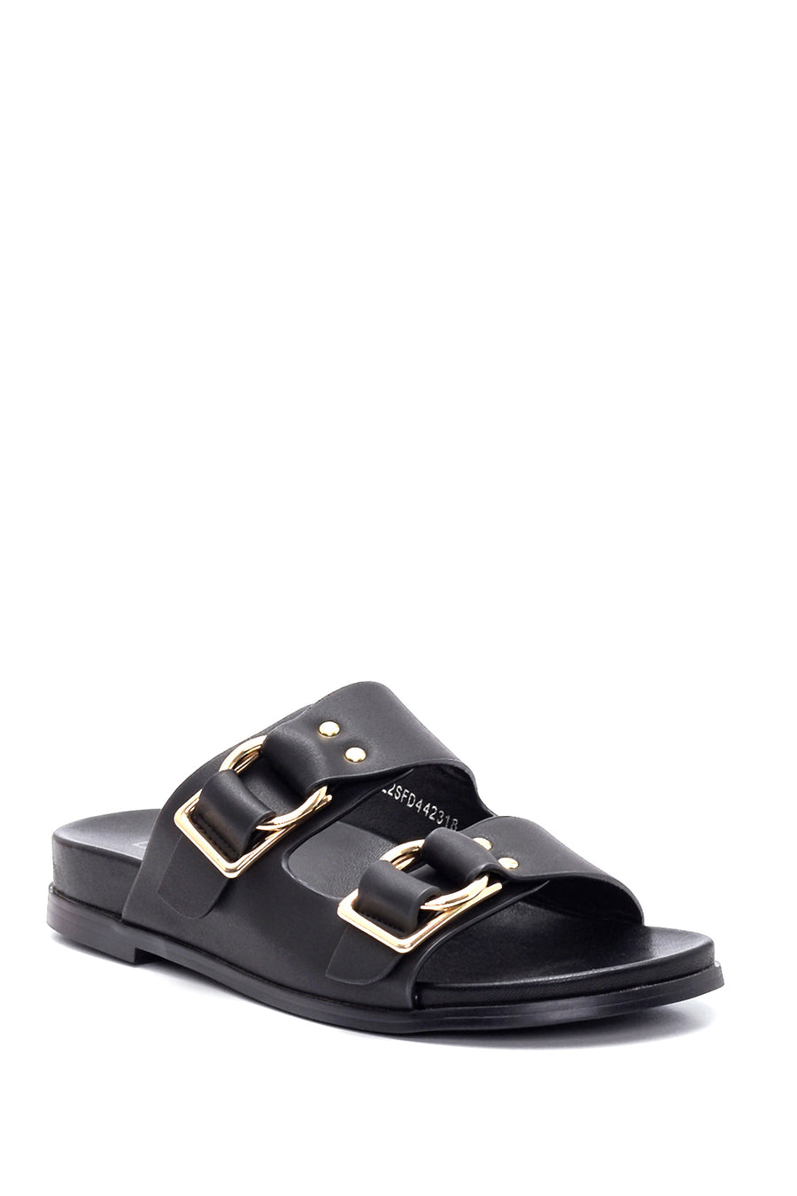 Women's Black Double Buckle Slippers