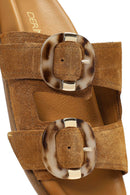 Women's Tan Double Buckle Suede Leather Slippers | Derimod