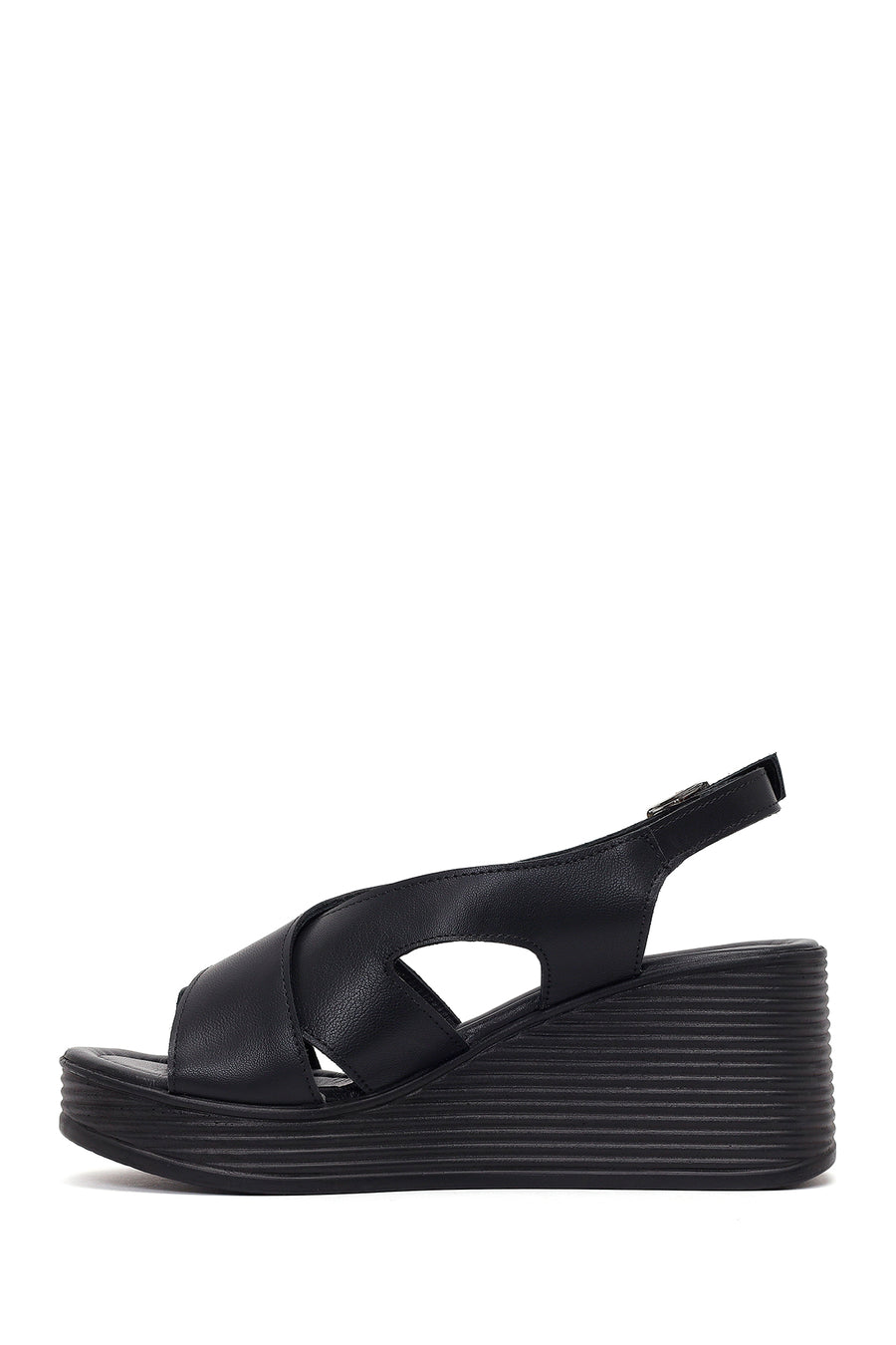 Women's Black Ankle Buckle Platform Leather Sandals