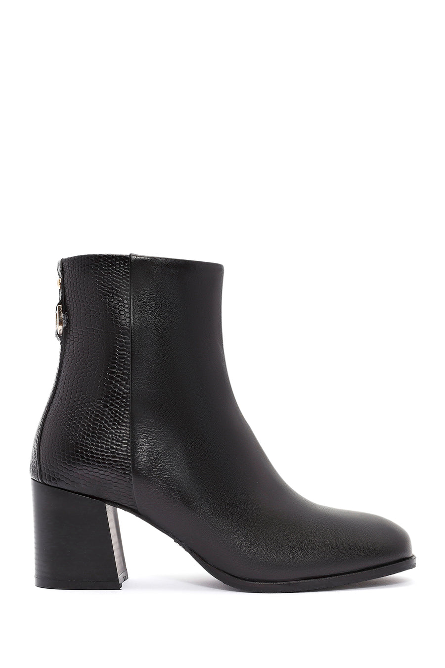 Women's Black Zippered Thick Heeled Leather Boots 24WFD163114 | Derimod