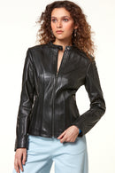 Joel Women's Black Stretch-Fit Leather Jacket | Derimod
