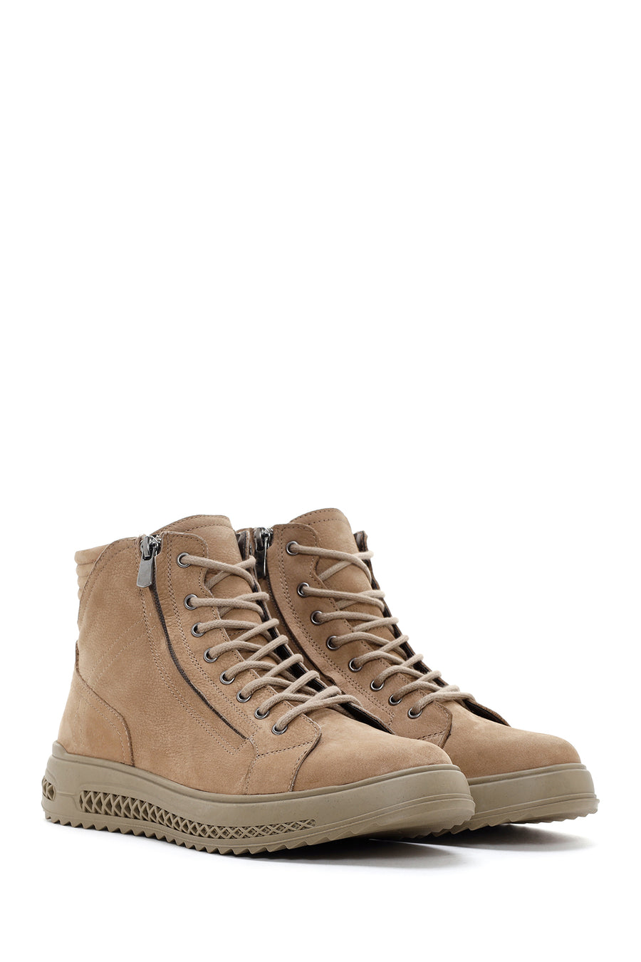 Men's Beige Double Zipper Nubuck Leather Casual Boots