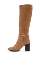 Women's Tan Suede Leather Heeled Boots | Derimod